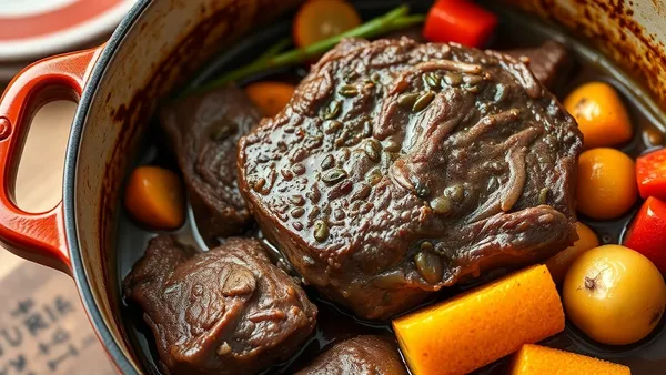 Acém assado de panela em panela de ferro fundido com legumes e caldo escuro, carne desfazendo ao toque do garfo