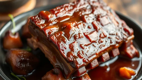 Costela bovina cozida na pressão servida sobre tábua de madeira, carne desprendendo do osso com o toque do garfo, molho escuro ao redor