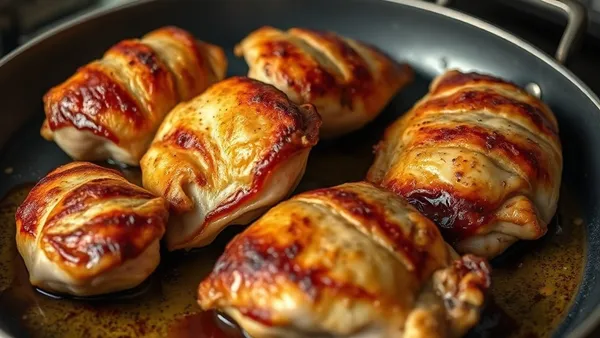 Sobrecoxas de frango com pele dourada e crocante dispostas em frigideira de ferro fundido, fundo levemente caramelizado