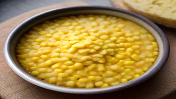 Tigela de creme de milho cremoso com grãos inteiros visíveis, salpicado de cheiro-verde