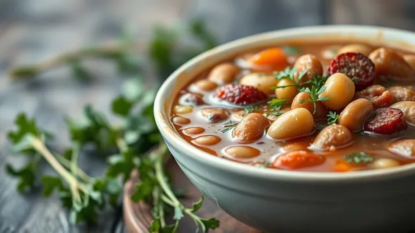 Tigela funda com sopa de feijão caldo escuro com pedaços de linguiça defumada, cenoura e batata, servida com fatia de pão rústico ao lado
