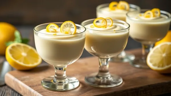 Taças de vidro com mousse de limão cremosa de cor amarelo-claro, decoradas com raspas de limão e folhas de hortelã