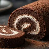 Fatias de rocambole de chocolate mostrando o recheio de doce de leite em espiral