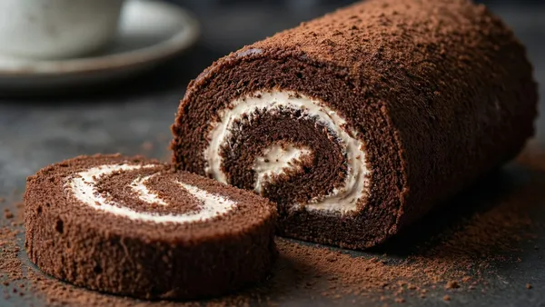Fatias de rocambole de chocolate mostrando o recheio de doce de leite em espiral