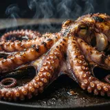 Polvo inteiro grelhado na brasa, tentáculos com pontas crocantes e marcas de fogo