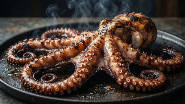 Polvo inteiro grelhado na brasa, tentáculos com pontas crocantes e marcas de fogo