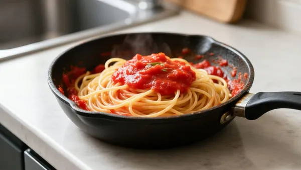 Espaguete com molho de tomate em uma frigideira sobre a bancada da cozinha