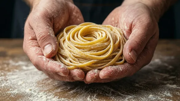 Strozzapreti caseiro enrolado à mão, textura rústica e irregular, ao molho de tomate fresco com manjericão