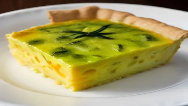 Fatia de torta salgada de liquidificador com legumes, massa dourada e recheio de abobrinha e cenoura visível, servida em prato branco